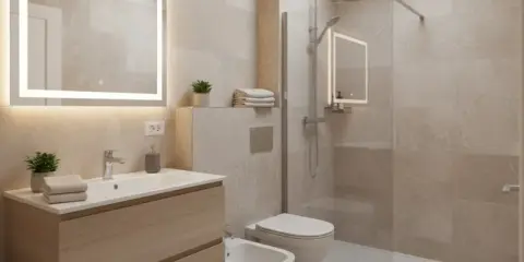 Bagno elegante piccolo con lavabo in legno, specchio luminoso, doccia walk-in e bidet.