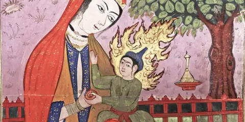 Eine Illustration von Maria im Islam. Sie hält ein Kind, das von Flammen umgeben ist.