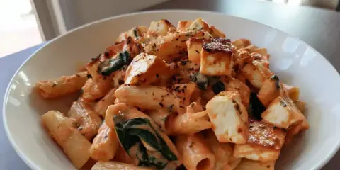 En krämig halloumi pasta i tomatsås med spenat, toppad med grillad halloumi.