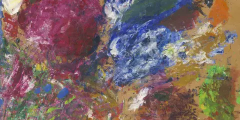 Abstrakte Farbexplosionen in Rot, Blau und Grün auf braunem Grund. Ein Werk von Hans Hofmann, das Energie und Bewegung ausstrahlt.