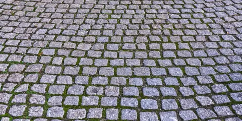 Szara kostka granitowa ułożona na ścieżce, z widocznym zielonym mchem między kamieniami. Fugowanie kostki granitowej suchym betonem zapewnia trwałość nawierzchni.
