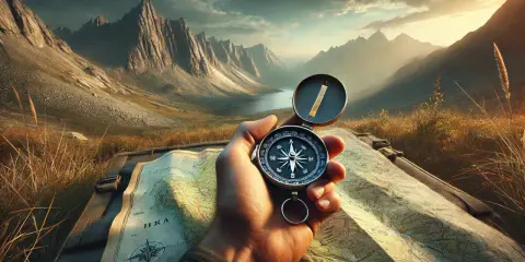 En hand håller en kompass över en karta, med en dramatisk bergskedja och en sjö i bakgrunden.