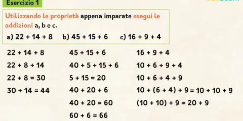 Esercizio 1: dimostra le proprietà dell'addizione con esempi pratici. Calcola le somme a, b, c riorganizzando i numeri.