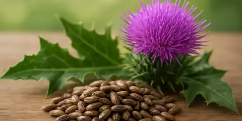 Fleur de chardon-marie violette et graines sur fond boisé. Une image évoquant la cure chardon marie et ses bienfaits naturels.