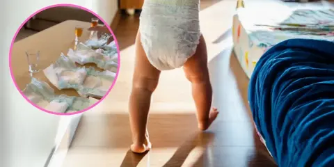 Małe dziecko w pieluszce, obok stołu z rozłożonymi pieluchami i kieliszkami.