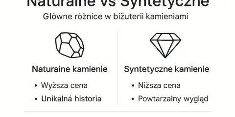 Porównanie naturalnych i syntetycznych kamieni: wyższa cena i unikalna historia vs niższa cena i powtarzalny wygląd.
