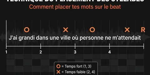 Apprendre à rapper : une illustration montre comment placer des syllabes sur un beat, avec des symboles pour les temps forts et faibles.