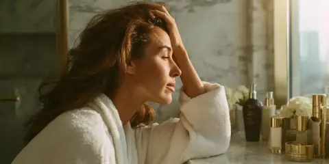 Femme en peignoir blanc, main sur la tête, le regard perdu. Elle semble ressentir de la fatigue et une perte de cheveux.