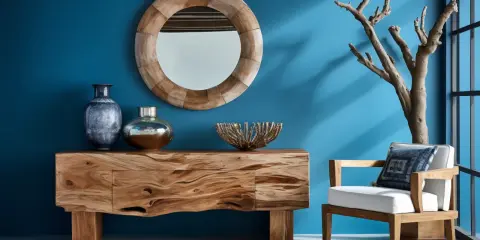 Console en bois brut, miroir rond, vases et fauteuil blanc. Une branche d'arbre sec ajoute une touche naturelle, une belle idée bois flotté.