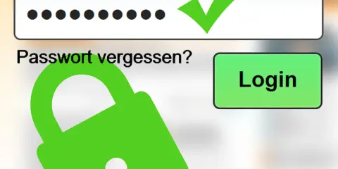 Login-Feld mit Punkten, Häkchen und Schloss-Symbol. "Passwort vergessen?" und "Login"-Button.