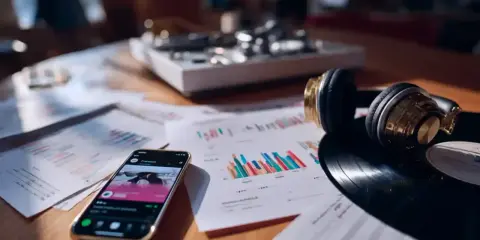 Un smartphone affiche une application musicale, des graphiques et des notes sont étalés sur une table avec un tourne-disque et des écouteurs. Cela évoque la question : c'est quoi les royalties pour les artistes ?