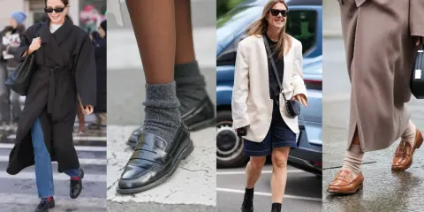 Women's loafers styled with socks: grey ribbed socks with black loafers, sheer black socks with black loafers, and beige ribbed socks with brown loafers.