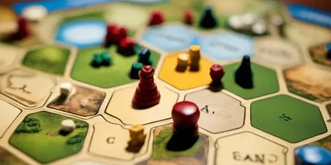 Plansza do gry Catan, z pionkami i zasobami. Catan instrukcja jest kluczem do zwycięstwa.