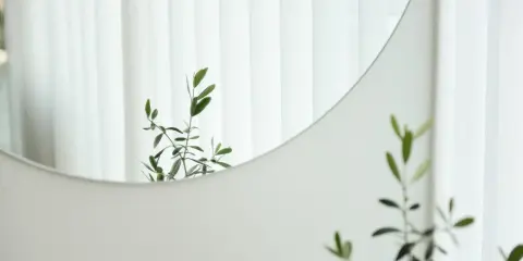 Odbicie gałązki oliwnej w okrągłym lustrze, które można łatwo przykleić do ściany. Białe zasłony w tle.
