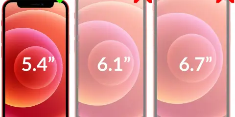 Porównanie iPhone 12 wymiary: 5.4", 6.1" i 6.7". Zielony znaczek przy 5.4", czerwone krzyżyki przy pozostałych.