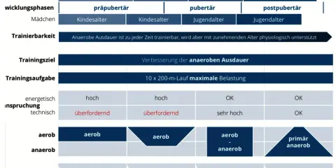 Diagramm zeigt, wie anaerobes Training altersabhängig gestaltet wird, mit Fokus auf die Verbesserung der anaeroben Ausdauer.