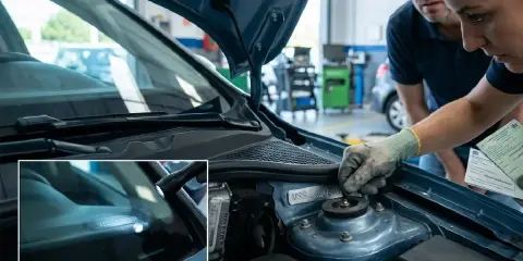 Mecánicos revisan los números para troquelar chasis en un coche. Un detalle muestra el número de identificación del vehículo grabado en el parabrisas.