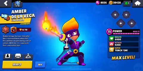 Amber De La Vega, postać z gry Brawl Stars, w stroju kontrolera z płonącym mieczem.