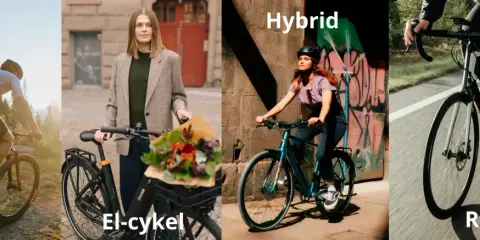 En person cyklar på mtb leder i skogen. En annan person på elcykel med blommor. En hybridcykel och en racer på vägen.
