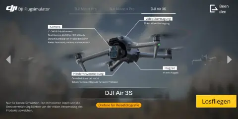 DJI Flugsimulator mit DJI Air 3S, Kamera- und Flugzeitdetails. Üben Sie mit der dji virtual flight app.