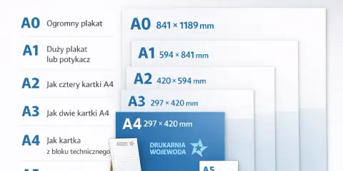 Porównanie formatów papieru od A0 do A5. Wymiary a, A1, A2, A3, A4, A5.