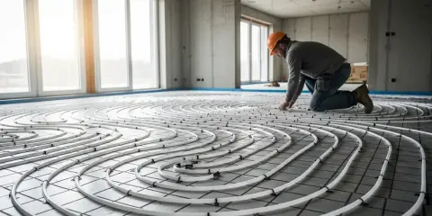 Un ouvrier installe un réseau de tubes pour un plancher chauffant électrique. Il est essentiel de bien comment tester un plancher chauffant électrique avant de couler la chape.