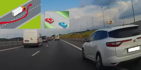 Ilustracje i zdjęcie z autostrady pokazujące manewry wyprzedzania.