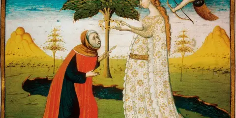 Un vecchio implora una dama sotto un albero, mentre Cupido scocca una freccia. Pace non trovo e non ho da far guerra.