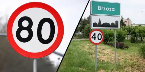 Znak 80 km/h po lewej, a po prawej znak miejscowości Brzoza z ograniczeniem do 40 km/h. Czy niedługo czy nie długo, trzeba zwolnić.