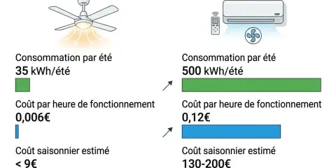 Comparaison entre un ventilateur de plafond et un climatiseur split. Le ventilateur est bien plus économique en été.