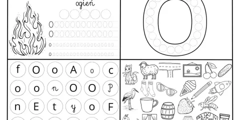Karta pracy z literą "o" i obrazkami. Ogień, owca, oko, owoce i inne przedmioty do nauki litery "o".