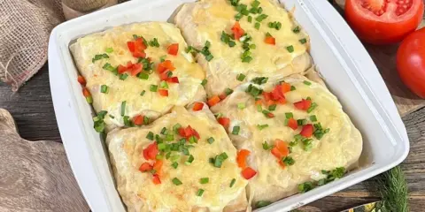 Zapiekane naleśniki gyros jak z restauracji, polane serem i posypane papryką i szczypiorkiem.