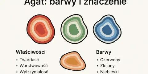 Ilustracja przedstawia trzy kolorowe odmiany agatu: czerwony, zielony i niebieski, z opisem jego właściwości i barw.