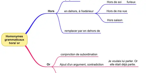 Carte mentale expliquant les homonymes grammaticaux "hors" et "or". "Hors" est une préposition, "or" une conjonction. Une utilisation hors pair de la langue française.