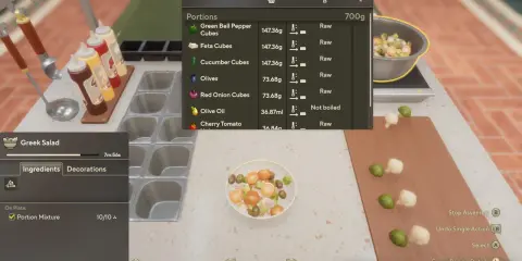 W grze cooking simulator 2 przygotowujesz grecką sałatkę, dodając składniki takie jak papryka, oliwki i pomidory.