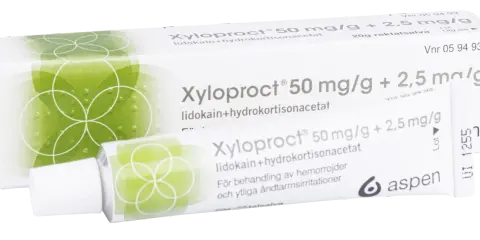 Xyloproct rektalsalva, ett effektivt medicin mot hemorrojder och irritationer. Förpackning och tub syns tydligt.