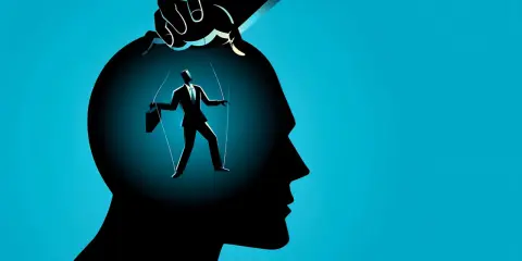 Uomo manipolatore: un burattino controllato da fili invisibili all'interno di una testa, simbolo di chi controlla le menti.