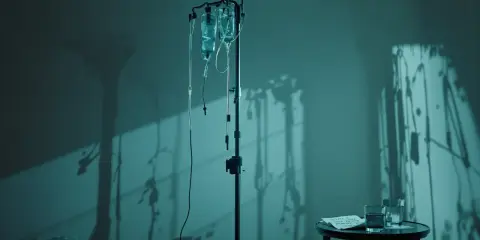 Szpitalne kroplówki i cienie na ścianie. Pytanie: urosepsa jak długo w szpitalu?