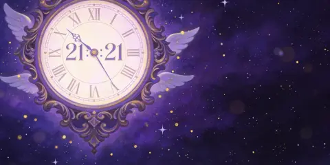 Zegar z anielskimi skrzydłami pokazuje 21:21. To znaczenie może być znakiem, że czas na zmiany lub nowy początek.