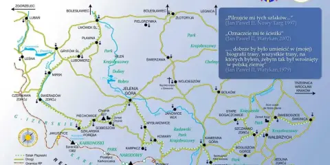 Mapa szlaków papieskich w Sudetach, prowadząca m.in. do Chojnika.