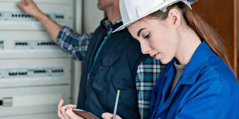 Technicy wykonują pomiary elektryczne do odbioru domu, sprawdzając instalację.