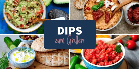 Vier bunte Dips zum Grillen: Guacamole, Tomaten-Dip, Joghurt-Dip und ein cremiger Dip mit getrockneten Tomaten. Perfekt für die nächste Grillparty!
