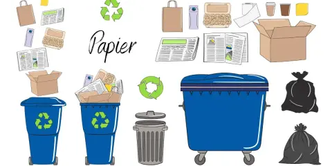 Ilustracja pokazuje, co się dzieje ze śmieciami: papierowe odpady trafiają do niebieskich pojemników na śmieci i worków, gotowe do recyklingu.