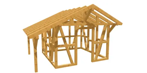 Holzkonstruktion eines Gartenhauses im Fachwerkstil. Ein kostenloser Gartenhaus Bauplan, der die Ständer, Balken und Dachsparren zeigt.