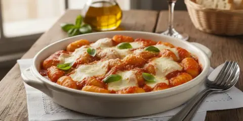 Gnocchi alla sorrentina fumanti, con pomodoro, mozzarella filante e basilico fresco, pronti per essere gustati.