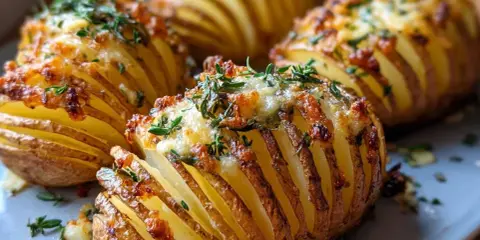 Ziemniaki Hasselback, zapieczone z serem i ziołami, idealne, by pokazać, jak upiec ziemniaki w airfryer.