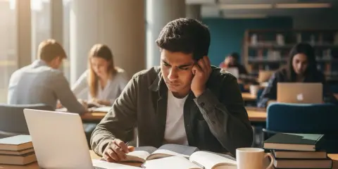 Zrezygnowany student pochyla się nad książkami, przygotowując się do nieudanego egzaminu poprawkowego na studiach.