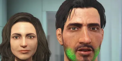 Tworzenie postaci do Fallout 5: kobieta i mężczyzna z zielonym akcentem na brodzie.