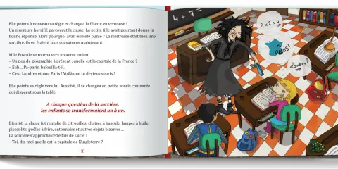 Une sorcière transforme des élèves en souris dans une salle de classe. Elle interroge un élève sur la capitale de la France.