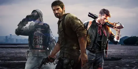 Trzech bohaterów w postapokaliptycznym świecie, przypominających gry podobne do The Last of Us. Jeden w masce gazowej, drugi z plecakiem, trzeci z karabinem.